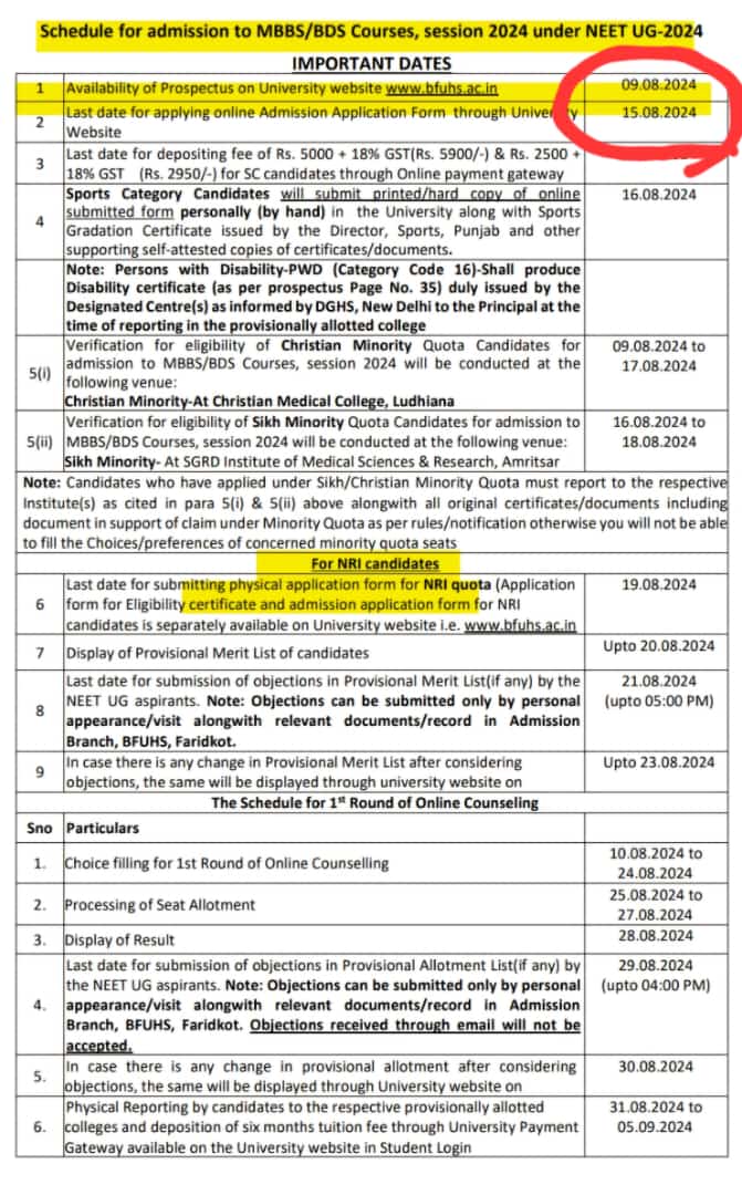 PUNJAB NEET UG COUNSELLING Government Official Notification